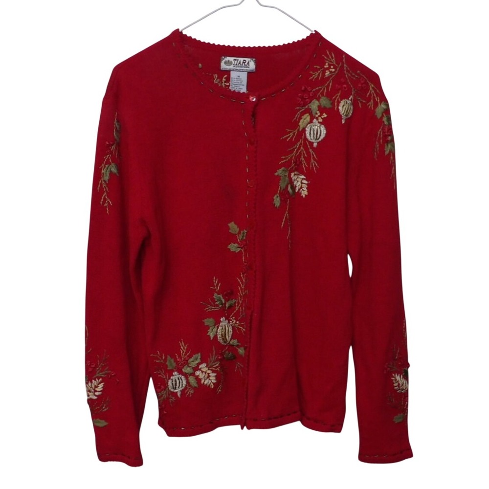 Tiara International Red Christmas Cardigan Embroidered Beaded Holiday Sweater M